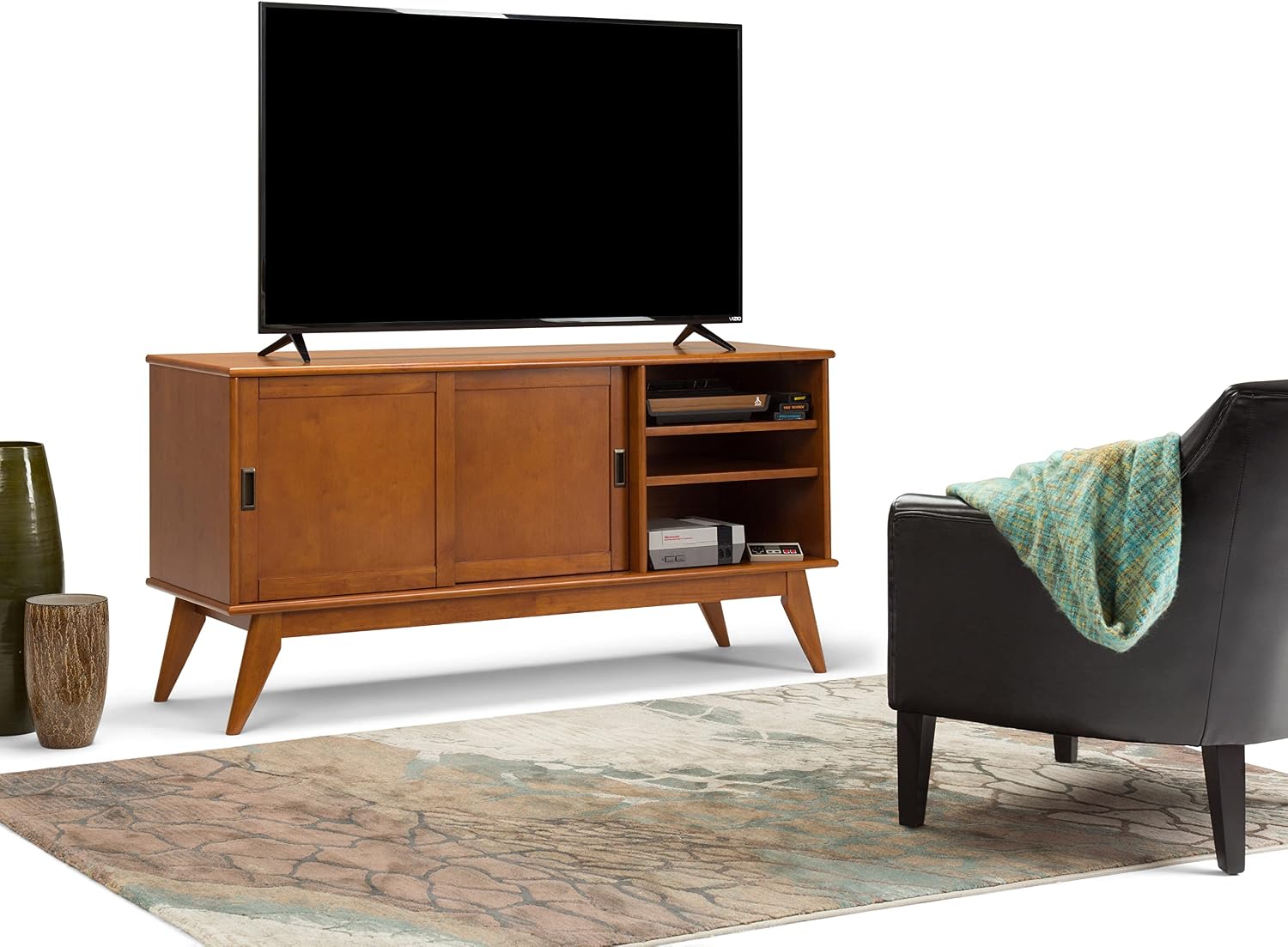 SIMPLIHOME Draper TV Stand - 60 inch Wide Solid Wood Media Console in Teak Brown, Mid Century Modern Entertainment Center for Living Room for TVs up to 65 Inches with Shelves and Cable Management