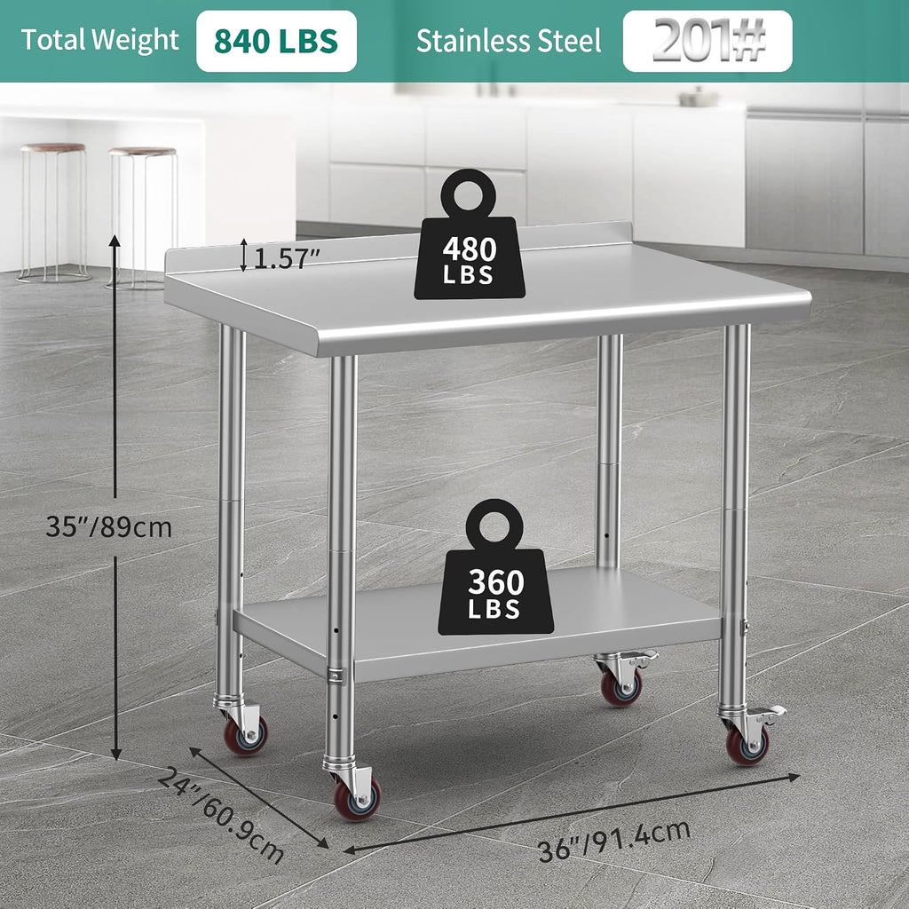 YITAHOME 36' x 24' Stainless Steel Table with Wheels for Prep & Work with Backsplash, NSF Metal Table Prep Table with Undershelf for Home Kitchen Restaurant Garage Warehouse