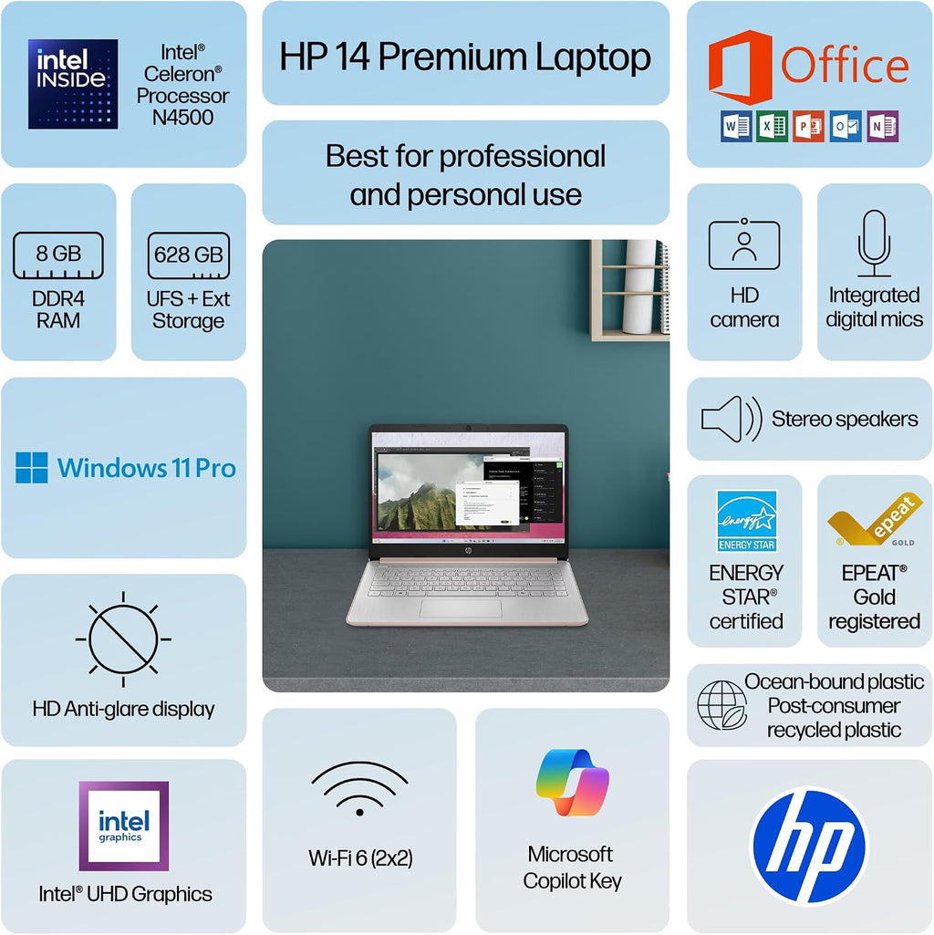 HP 14' Laptop Ultrabook 2026 Business Student Computer with MS Office & Copilot AI, Intel CPU Upto 2.8GHz, 8GB RAM, 628GB Storage (128GB SSD+500GB Ext), Wi-Fi 6, MarxsolAccessory, Win 11 Pro, RoseGold