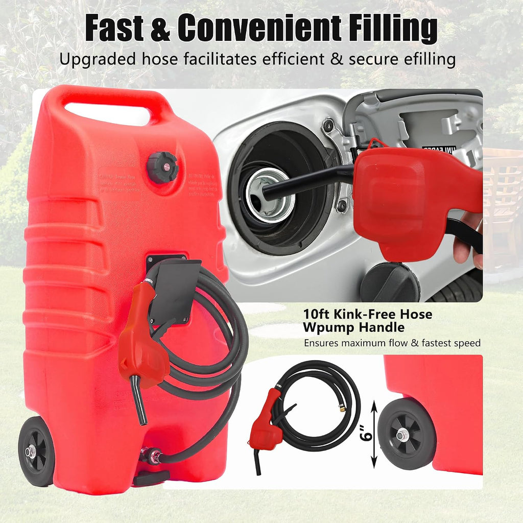 GAOMON Fuel Caddy, 14 Gallon Portable Gas Fuel Tank Container with LE Fluid Transfer Siphon Pump and 10ft. Delivery Hose, Diesel Storage Can On-Wheels for Cars, Lawn Mowers, ATVs, Boats - Red