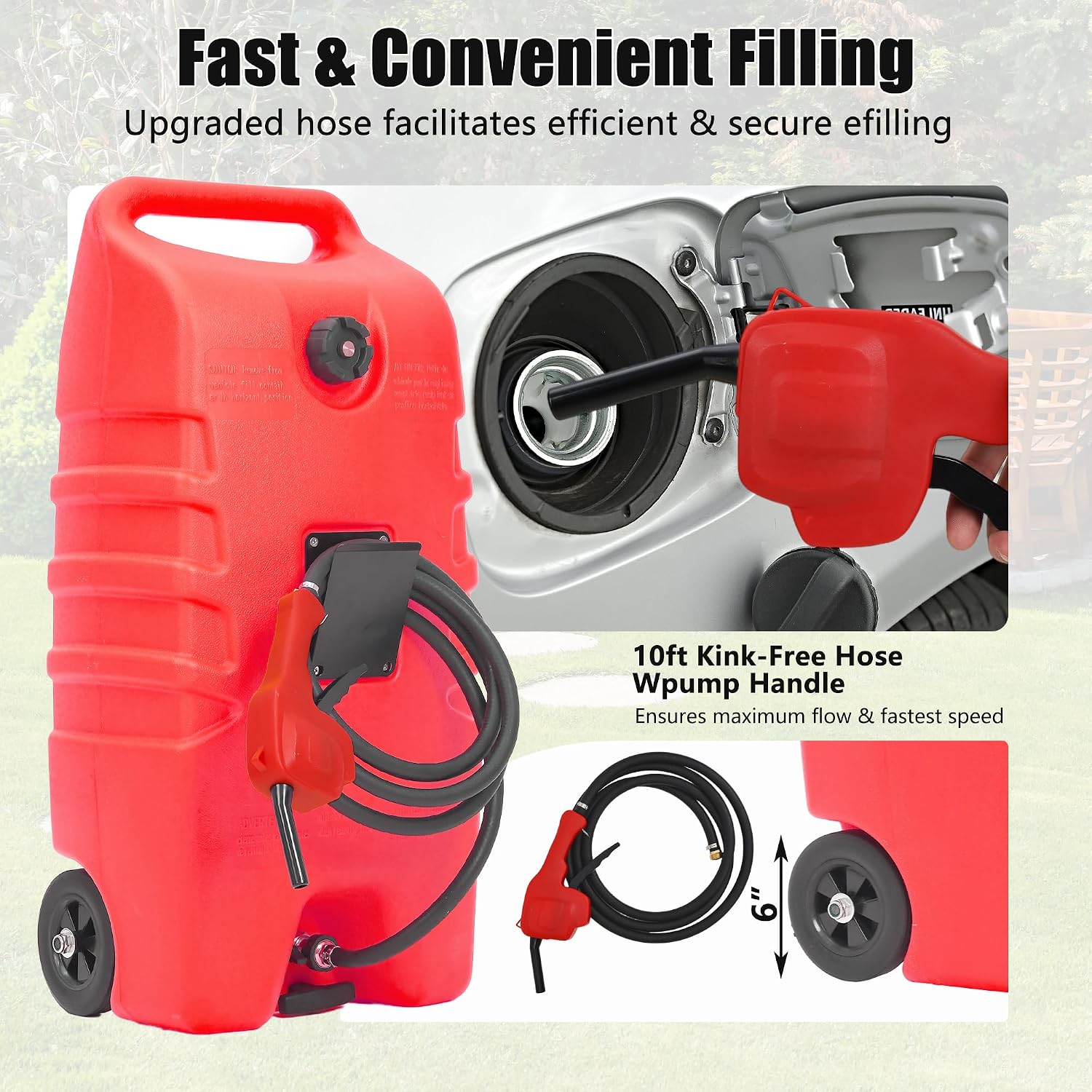 GAOMON Fuel Caddy, 14 Gallon Portable Gas Fuel Tank Container with LE Fluid Transfer Siphon Pump and 10ft. Delivery Hose, Diesel Storage Can On-Wheels for Cars, Lawn Mowers, ATVs, Boats - Red