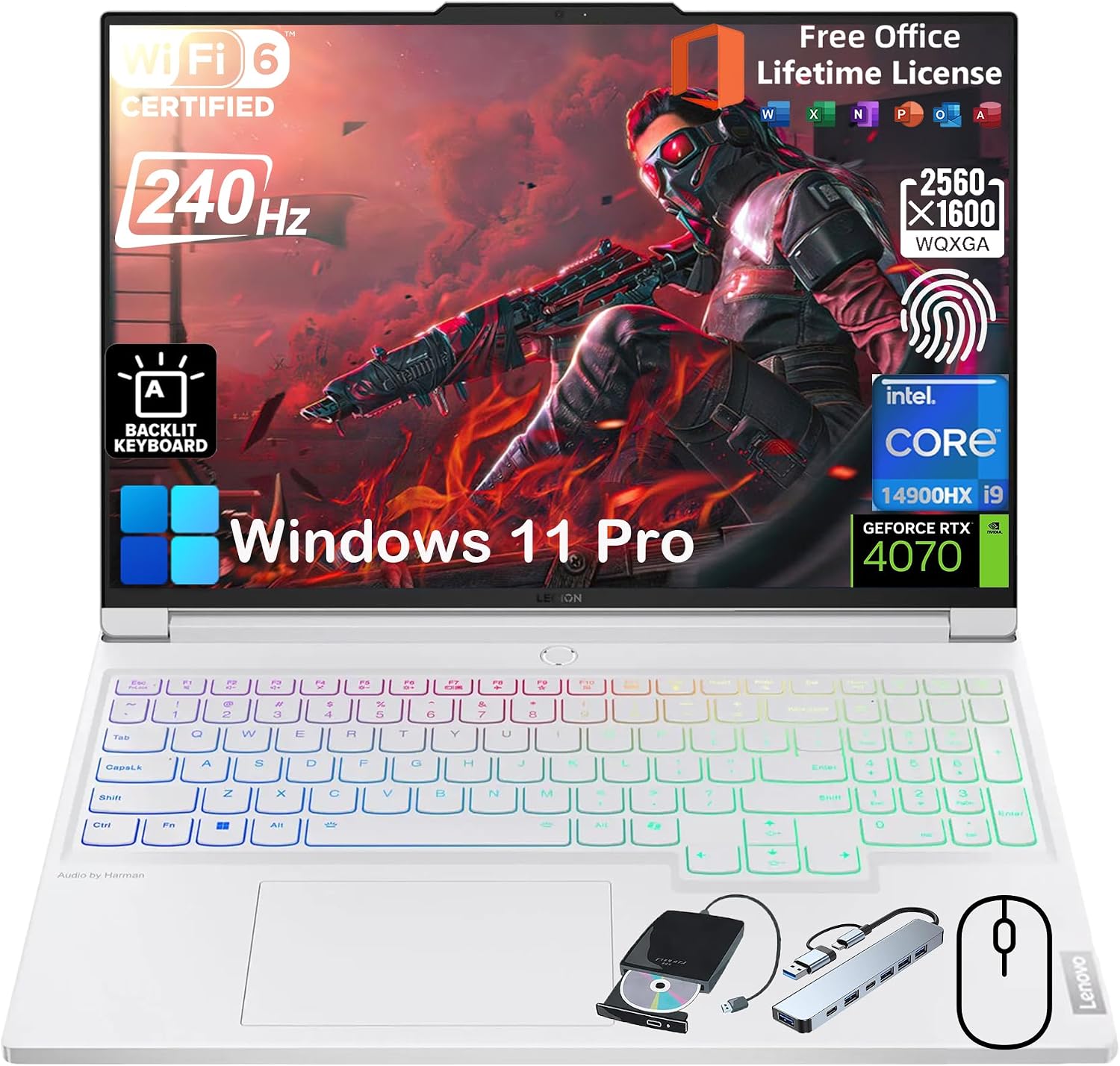 Lenovo Legion Pro 7i Gen 9 Gaming Laptop - w/Office & External DVD Drive • Intel 24-Core i9-14900HX, 16' WQXGA 240Hz Display, RTX 4070, Backlit KB, Fingerprint, Win 11 Pro (32GB DDR5 | 2TB SSD)