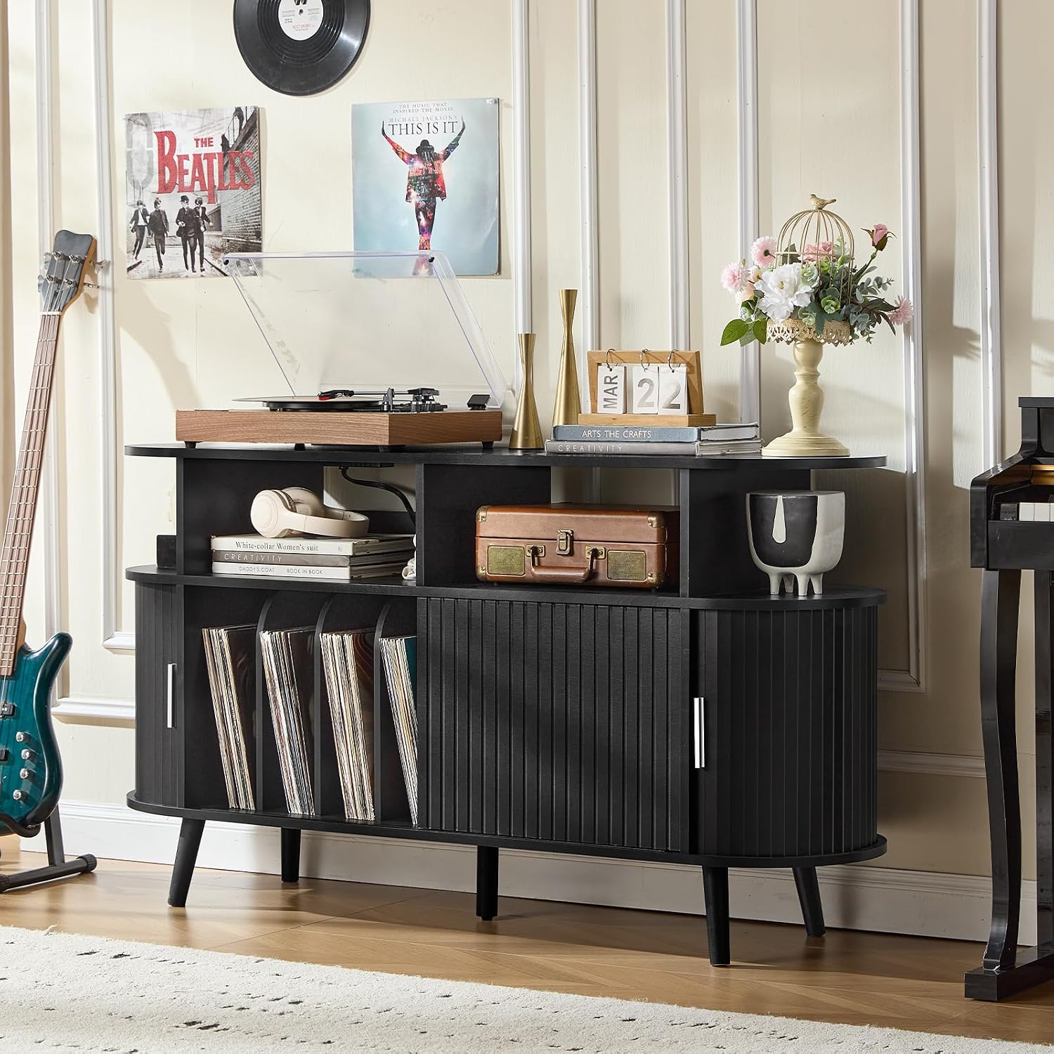 LELELINKY Large Round Record Player Stand with Charging Station & Fluted Panel, Black Farmhouse Turntable Cabinet with Vintage Vinyl Storage, Arched Wood Record Player Table for Living Room