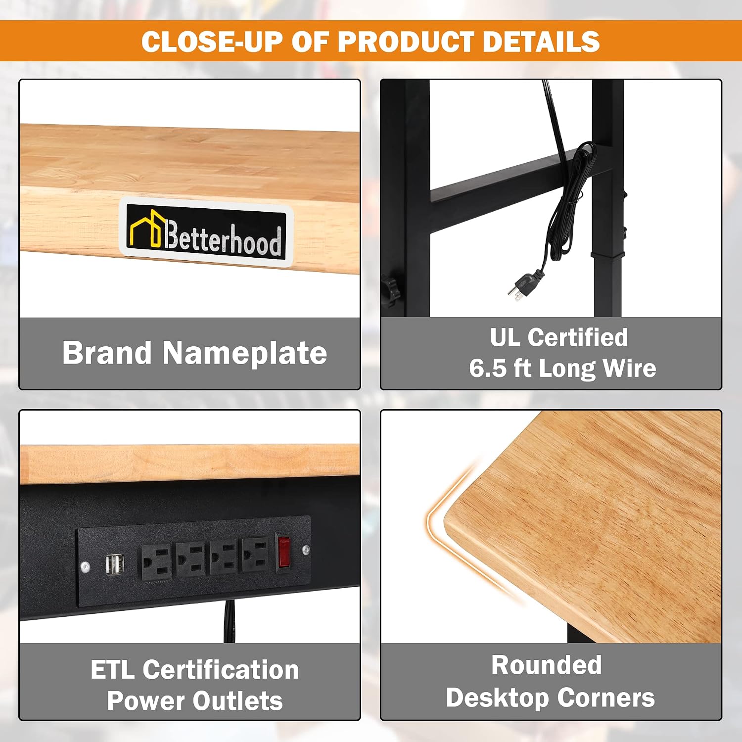 Betterhood Adjustable Height Workbench, 48' Rubber Wood Top Heavy Duty Workstation with Power Outlets, 2000 LBS Load Capacity Hardwood Worktable for Workshop, Garage, Office, Home, Commercial
