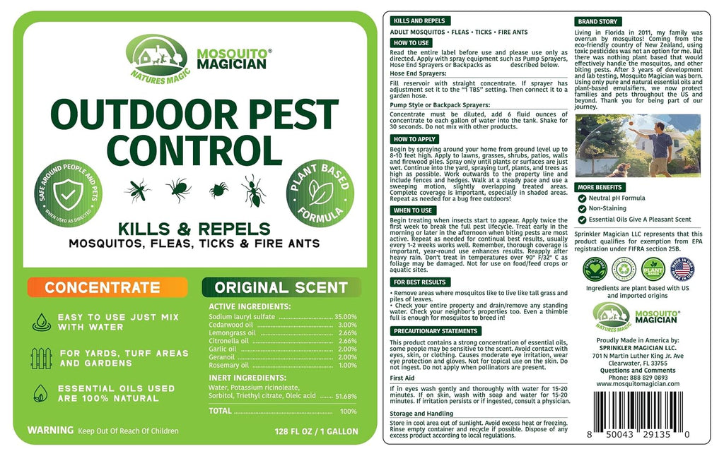 Mosquito Magician Liquid Concentrate – Kills Mosquitoes, Fleas & Fire Ants, Repels and Prevents Ticks – Essential Oil Yard Treatment Spray – for Sprayers, Foggers & Misting Systems – 1 Gal, Original