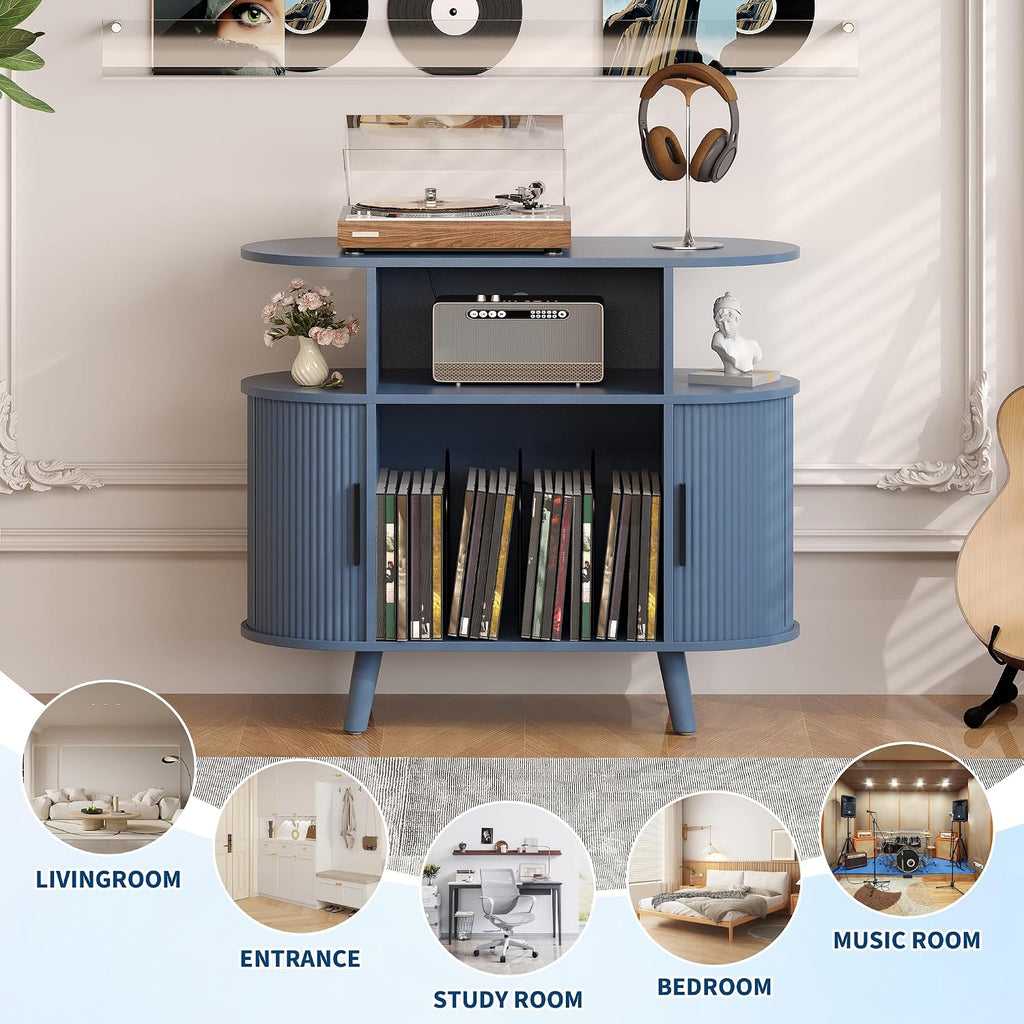 Garvee 35'' Fluted Mid Century Modern Turntable Cabinet, Large Round Record Player Stand with Charging Station and Display Shelf, Arched Wood Record Player Table for Living Room