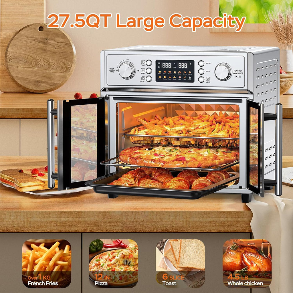 Plum chef 27.5QT French Door Air Fryer Toaster Oven Combo, Countertop Oven with 14 Presets & Digital Control, Extra Large Toaster Oven for Baking, Roasting, Accessories Includes,Stainless Steel