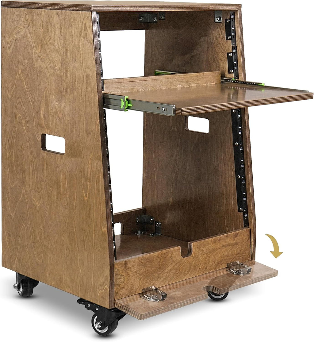 Sound Town DIY Slanted 12U Studio Rack (4U Top + 8U Lower), with 2U Bottom Storage, Slide-Out Tray, Caster, Plywood, Weathered Brown for Recording Room, Home Studio (SDRK-ST12TB)