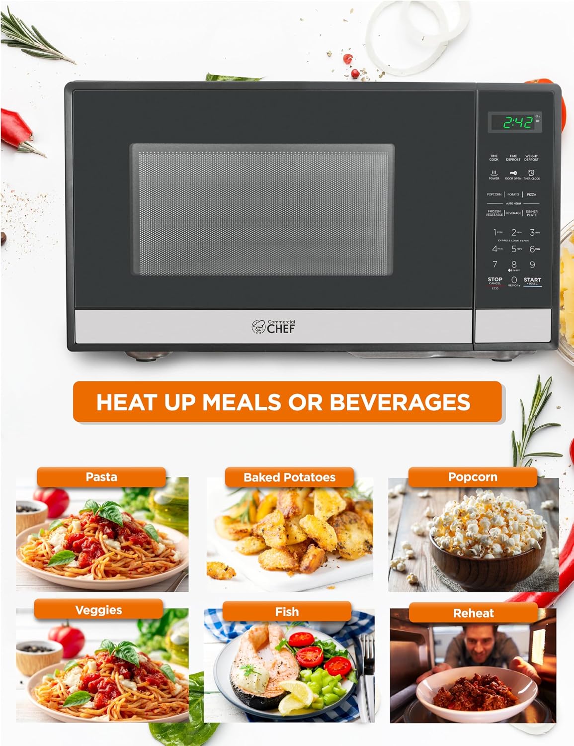 Commercial CHEF Small Microwave 0.9 Cu. Ft. Countertop Microwave with Touch Controls & Digital Display, Stainless Steel Microwave & 10 Power Levels, Outstanding Portable Microwave with Pull Handle