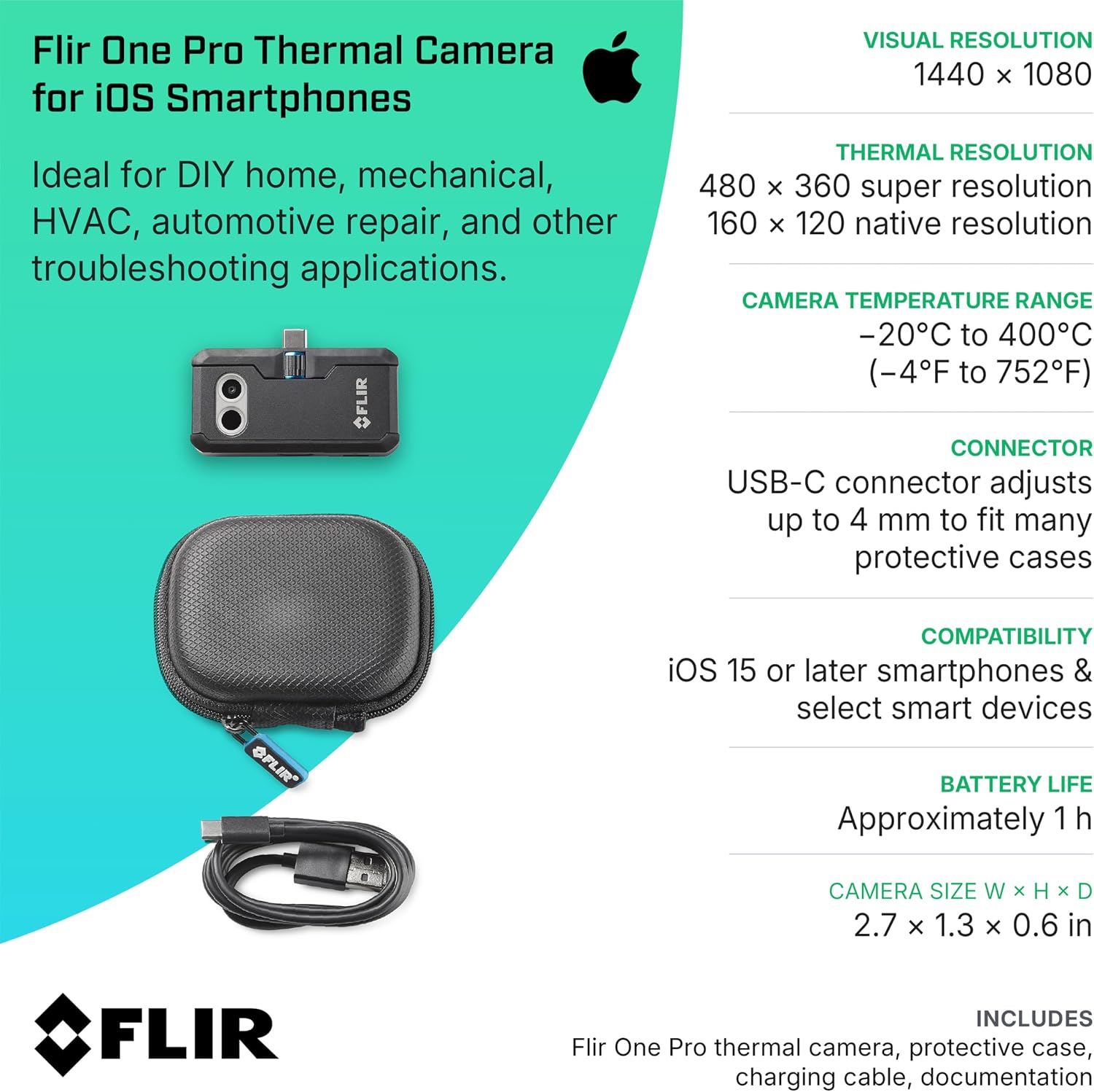 Flir One Pro - Thermal Imaging Camera for iOS Smartphones (iPhone 14 and Older w/Lightning Port), 480x360 Super Resolution (160x120 Native IR)
