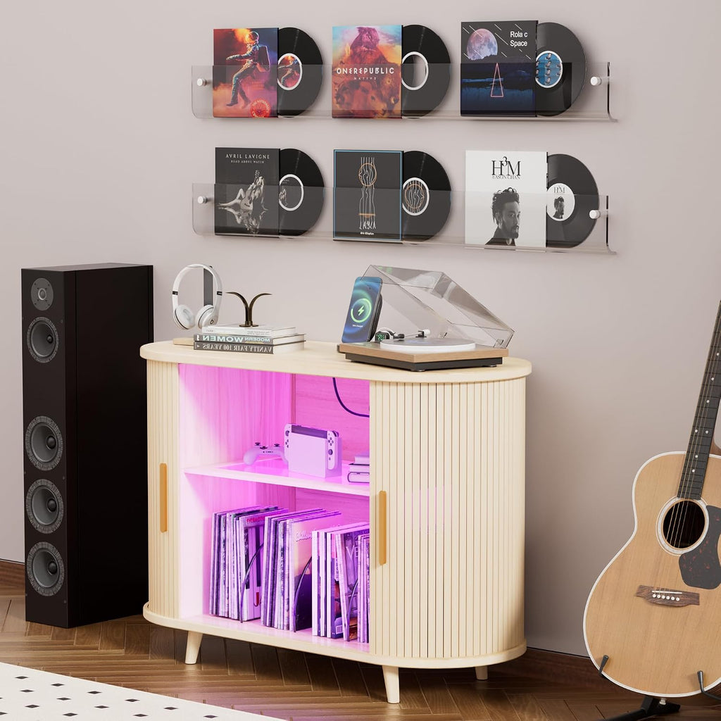 Large Record Player Stand with LED Lights, Vinyl Record Storage with Charging Station & USB Ports, Record Player Cabinet for Living Room(Natural, 55in) (Natural, 39in)