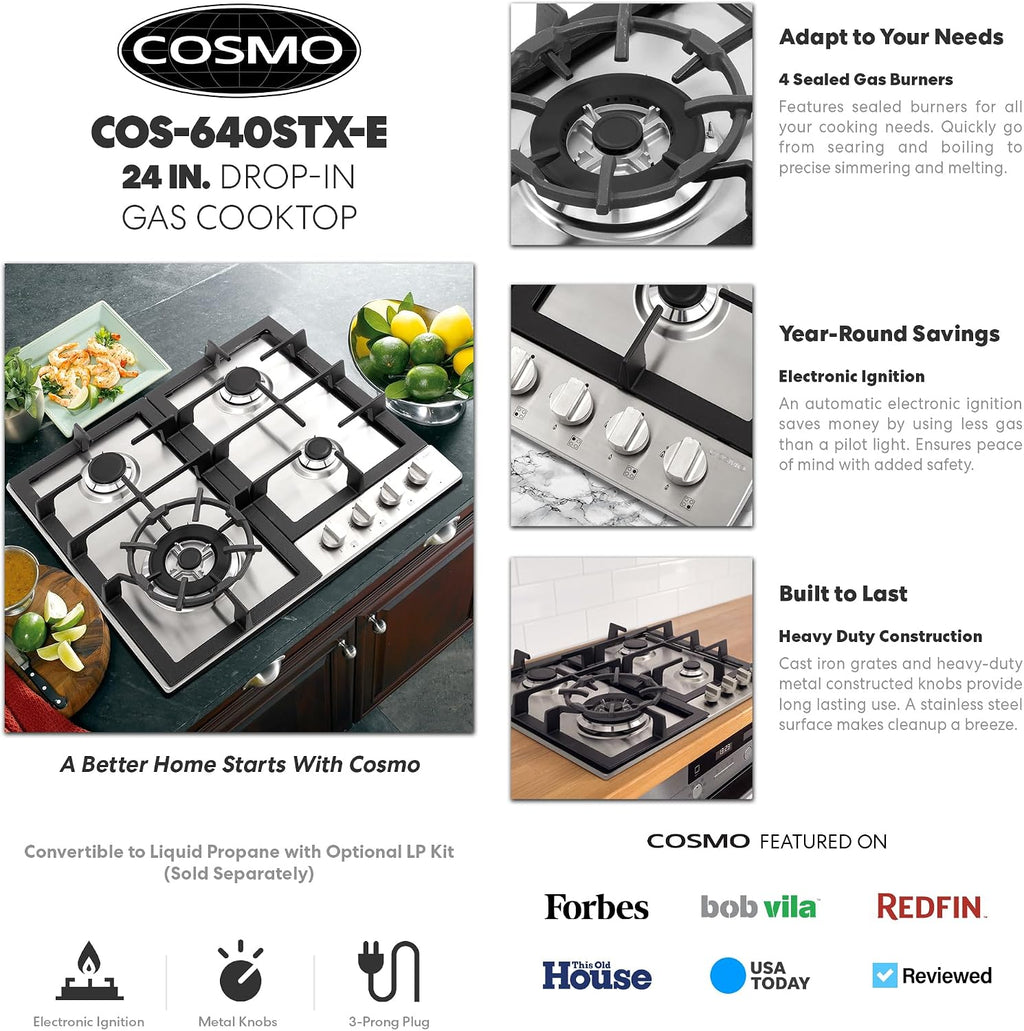 COSMO 640STX-E 24 in. Gas Cooktop with 4 Sealed Burners, Drop-In Counter-Top Cooker Cooktop with Cast Iron Grate and Melt-Proof Metal Knobs in Stainless Steel