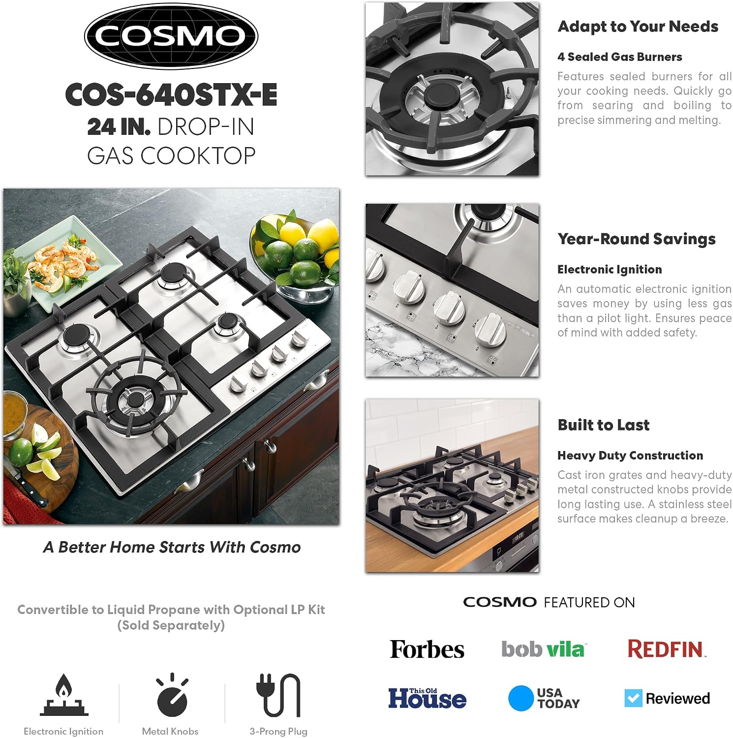 COSMO 640STX-E 24 in. Gas Cooktop with 4 Sealed Burners, Drop-In Counter-Top Cooker Cooktop with Cast Iron Grate and Melt-Proof Metal Knobs in Stainless Steel