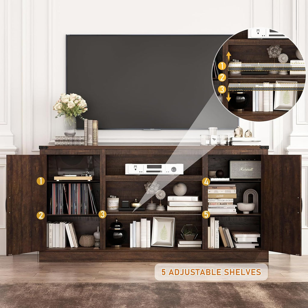 Hlivelood 66' Farmhouse TV Stand with Power Outlets for 75 Inch TVs, 33' Tall Entertainment Center with Storage Cabinets w/Adjustable Shelves, Rustic Large TV Media Console for Living Room, Brown