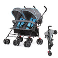 Dream On Me Volgo Twin Baby Stroller, Lightweight Side-by-Side Double Umbrella Stroller with Adjustable Canopy, 5-Point Harness, Storage Basket & Travel-Friendly Fold – Blue and Dark Grey