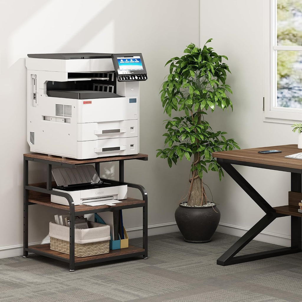 Fannova 23.6' Deep Extra Large Printer Stand, 3 Tier Printer Table with Adjustable Storage Shelf, Rolling Printer Cart with Industrial Wheels for Home Office, Rustic Brown