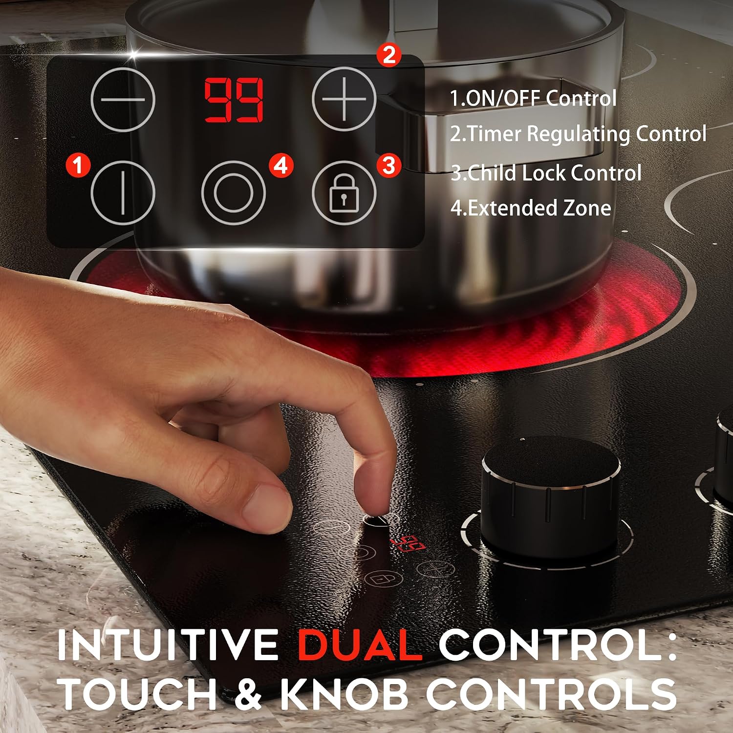 Electric Cooktop 30 Inch Hobsir, 4 Burner Electric Stove Top 6700W, Dual-Ring Burner & Oval Burner, 9 Power Level, 30 Inch Cook top with Safety Lock, Timer, Black Knob