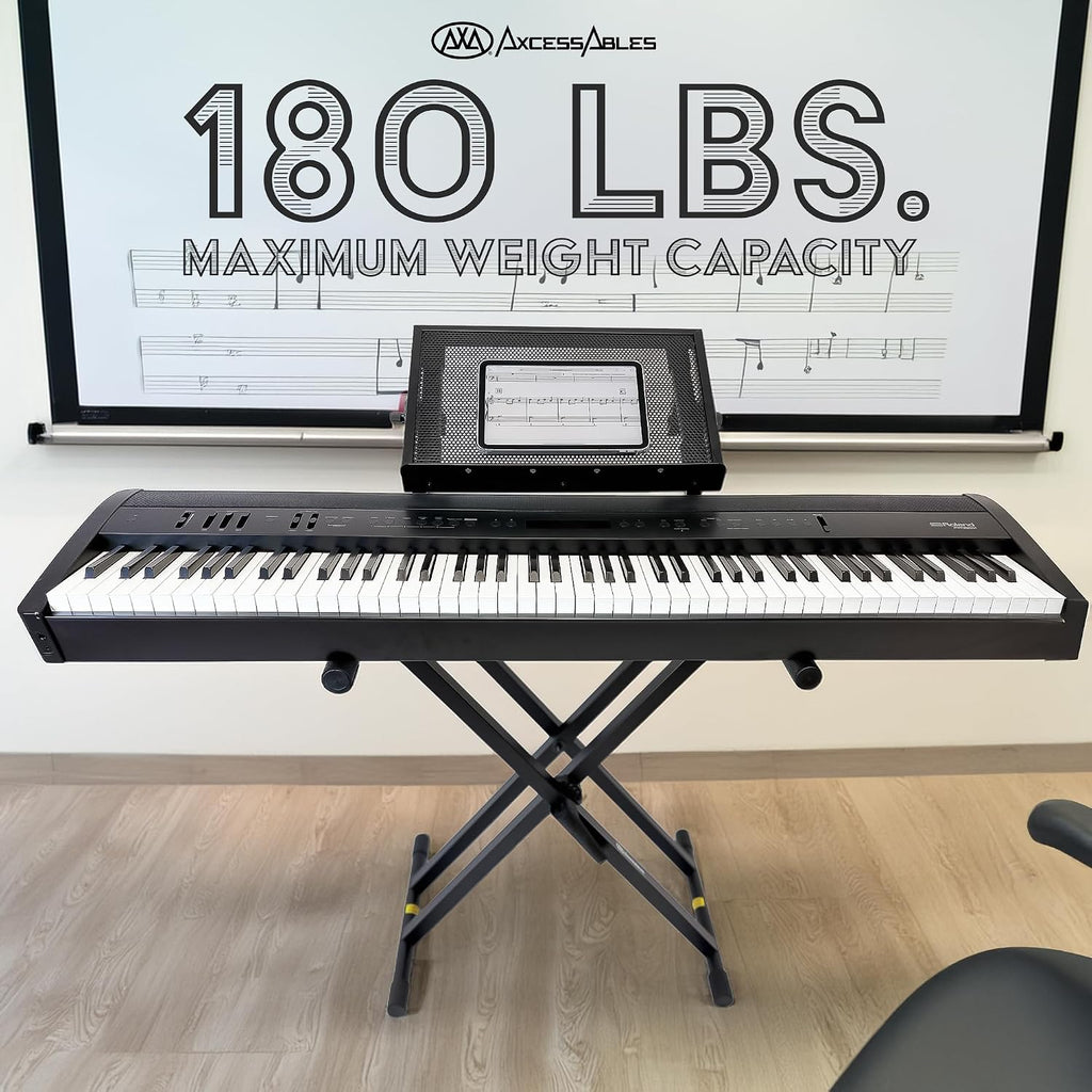 AxcessAbles Dual Piano Keyboard Stand with 2nd Tier – X Style Adjustable and Portable Heavy Duty 2 Tier Stand for Synths, Laptops, Tablet, Sheet music and Digital Keyboards – Fits 54, 61, 64, 88 Key Pianos. Electric Piano and Sheet Music Stand