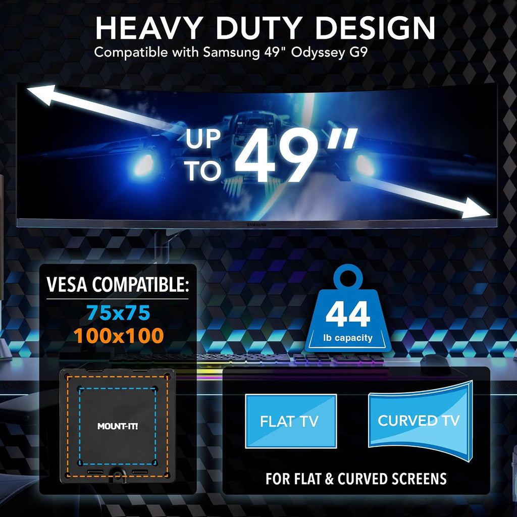 Mount-It! Heavy-Duty Ultrawide Monitor Arm up to 49', 44 lb Capacity, Desk Mount for Curved & Widescreen Monitors, Compatible with Samsung Odyssey G9, Gas Spring, RGB Lighting, VESA 75x75 & 100x100