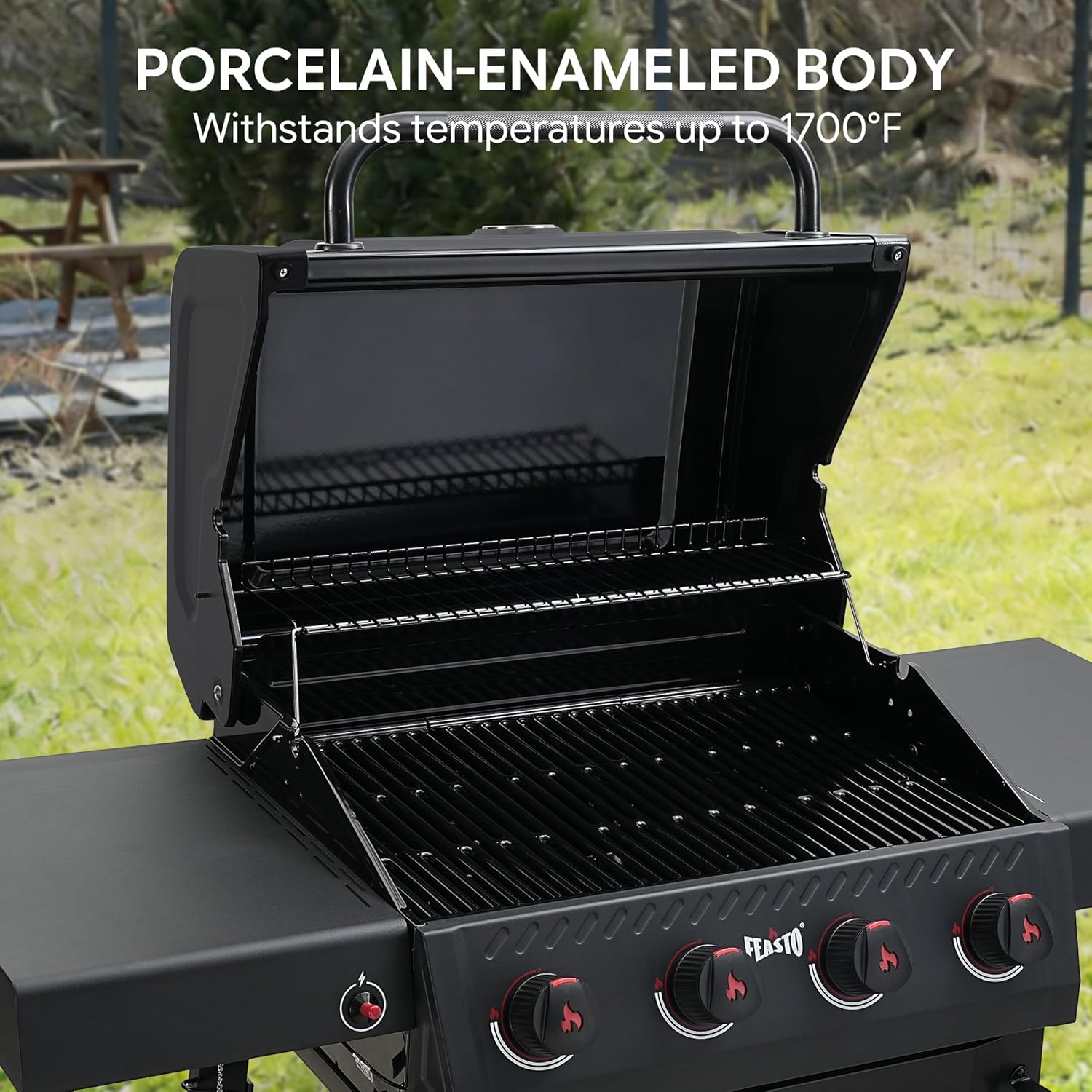 Feasto 4-Burner Gas BBQ Grill with Side Tables, 36,000 BTU Outdoor Propane Grill with Premium Enameled Coated Chamber Body & Porcelain-Enameled Grates for Deck Party & Patio BBQ, 559 Sq. In., Black