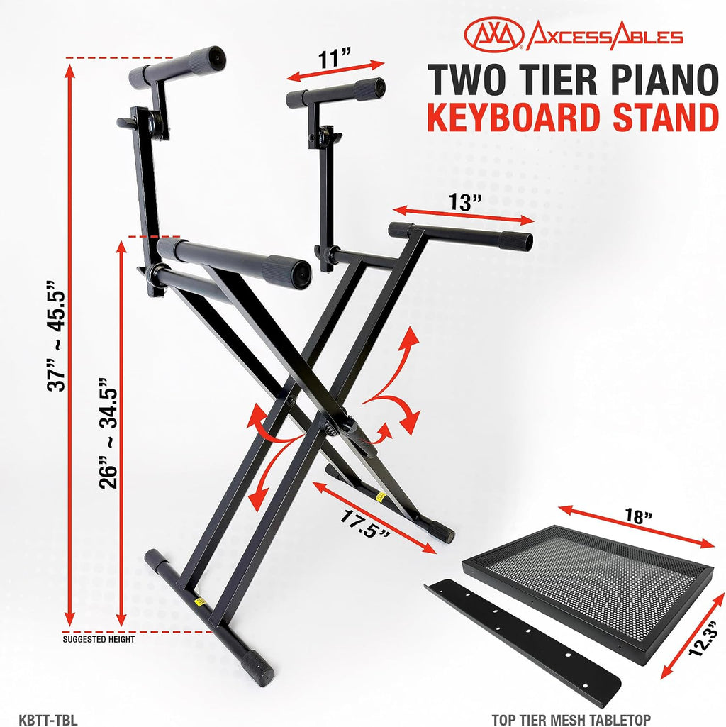 AxcessAbles Dual Piano Keyboard Stand with 2nd Tier – X Style Adjustable and Portable Heavy Duty 2 Tier Stand for Synths, Laptops, Tablet, Sheet music and Digital Keyboards – Fits 54, 61, 64, 88 Key Pianos. Electric Piano and Sheet Music Stand