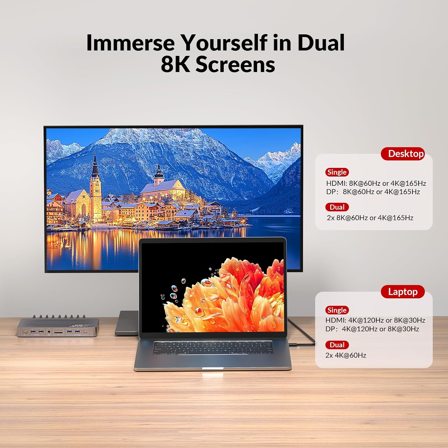 AV Access 8K KVM Switch 2 Monitors 2 Computers for Laptop & Gaming PC/Mac mini, 100W PD, GbE, 4xUSB 3.2 10Gbps USB C Hub, KVM Docking Station Dual Monitor 8K@60Hz/4K@165Hz, Audio, SD, Remote Switch