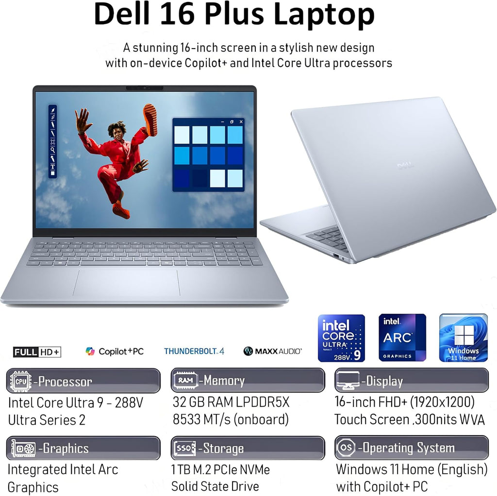 Dell 16 Plus Touchscreen Laptop Computer, Intel Core Ultra 9 288V, 32GB LPDDR5X RAM, 1TB PCIe SSD, WiFi 7, Backlit Keyboard, Windows 11 Home