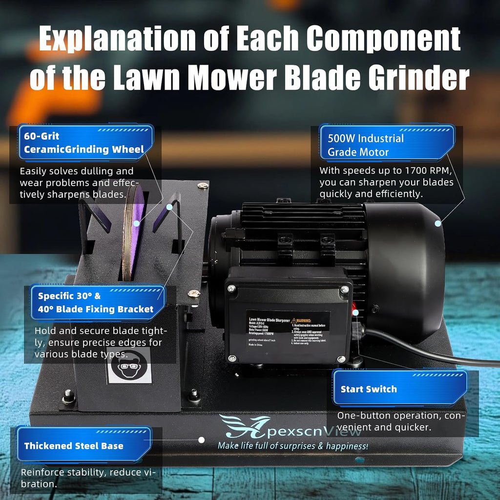 Lawn Mower Blade Sharpener, 2/3HP 500W Lawn Mower Blade Grinder with 7 in Ceramic Wheel, Flat Blades, Sharpens High/Low Lift, Adjustable Angle Bracket and Blade Balancer, Etc.