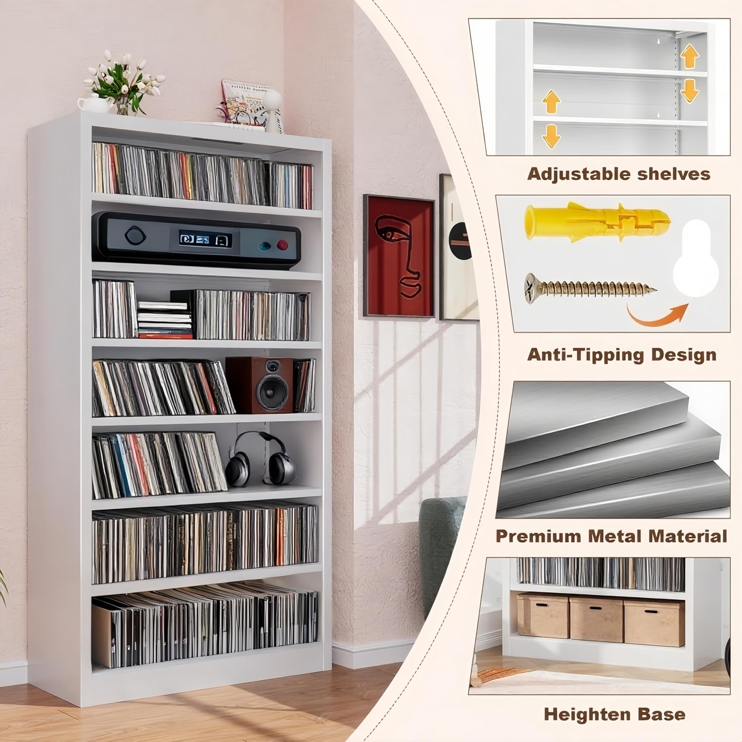 55' Media Storage Cabinet, Metal CD Storage Rack with 6 Adjustable Shelves, 7-Tier Large Stereo Cabinet for Living Room, Home Entertainment (White)