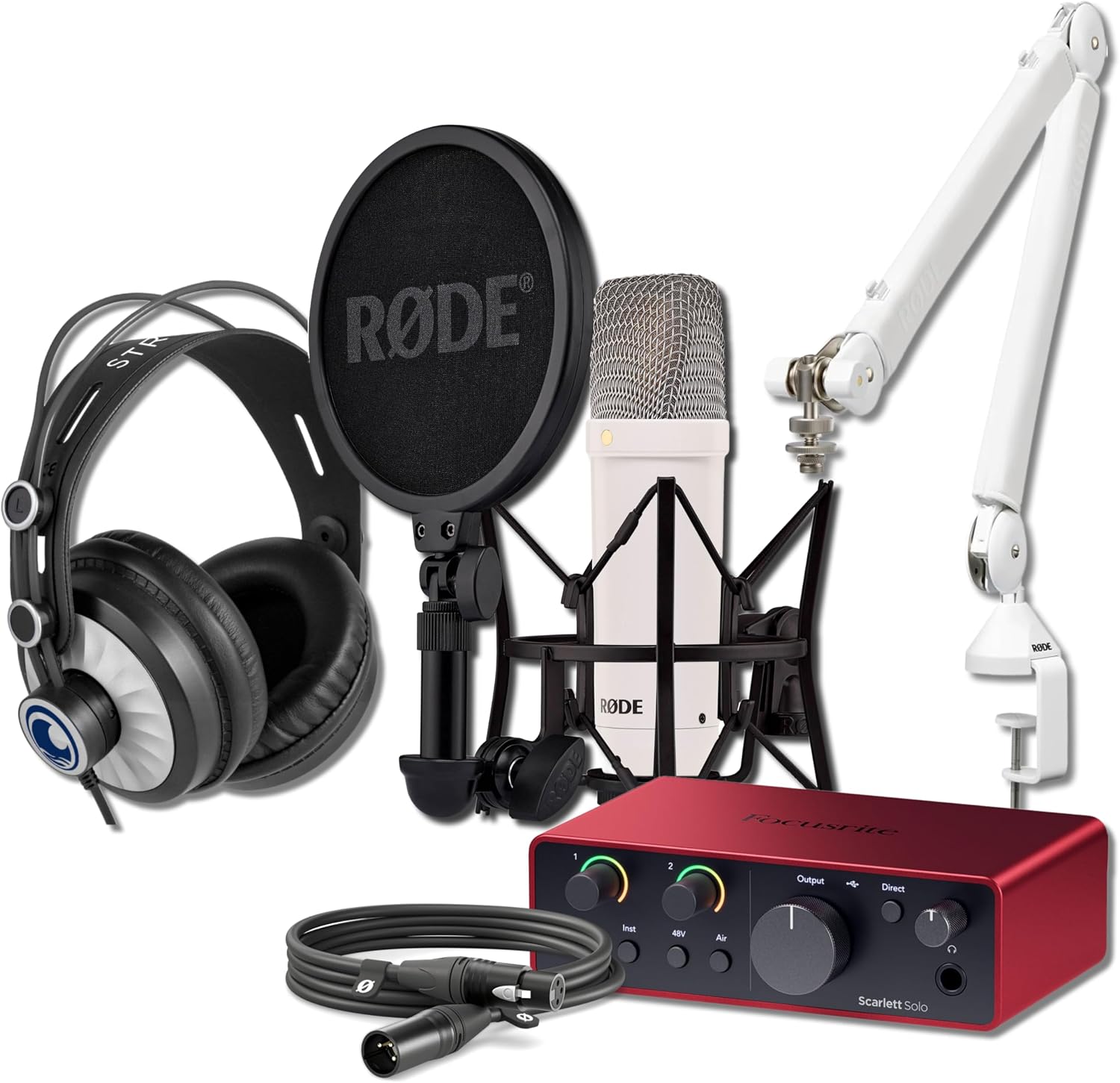 Rode NT1 Signature White Condenser Microphone Streaming Bundle with Focusrite Scarlett Solo 4G Interface, Rode PSA1+ White Desktop Boom Arm, and Cans50 Headphones — 4 dBA Self-Noise, Air Mode