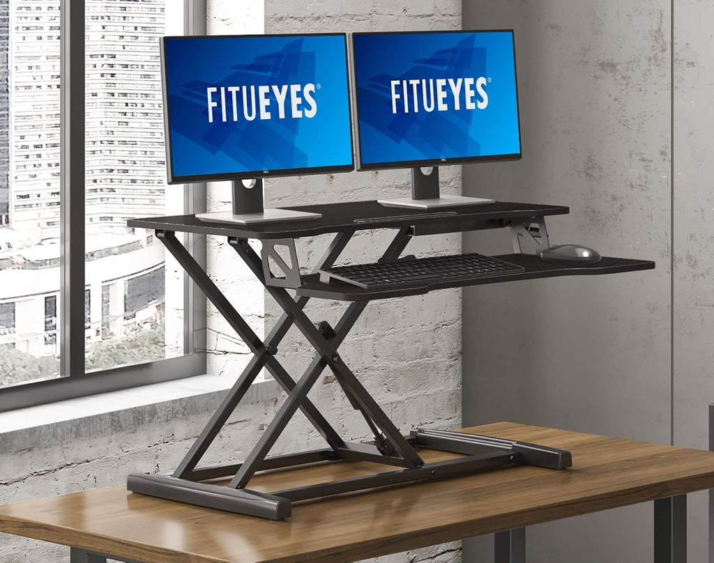 FITUEYES Height Adjustable Standing Desk 32' Wide Sit to Stand Converter Stand Up Desk Tabletop Workstation for Dual Monitor Riser FSD308001WB