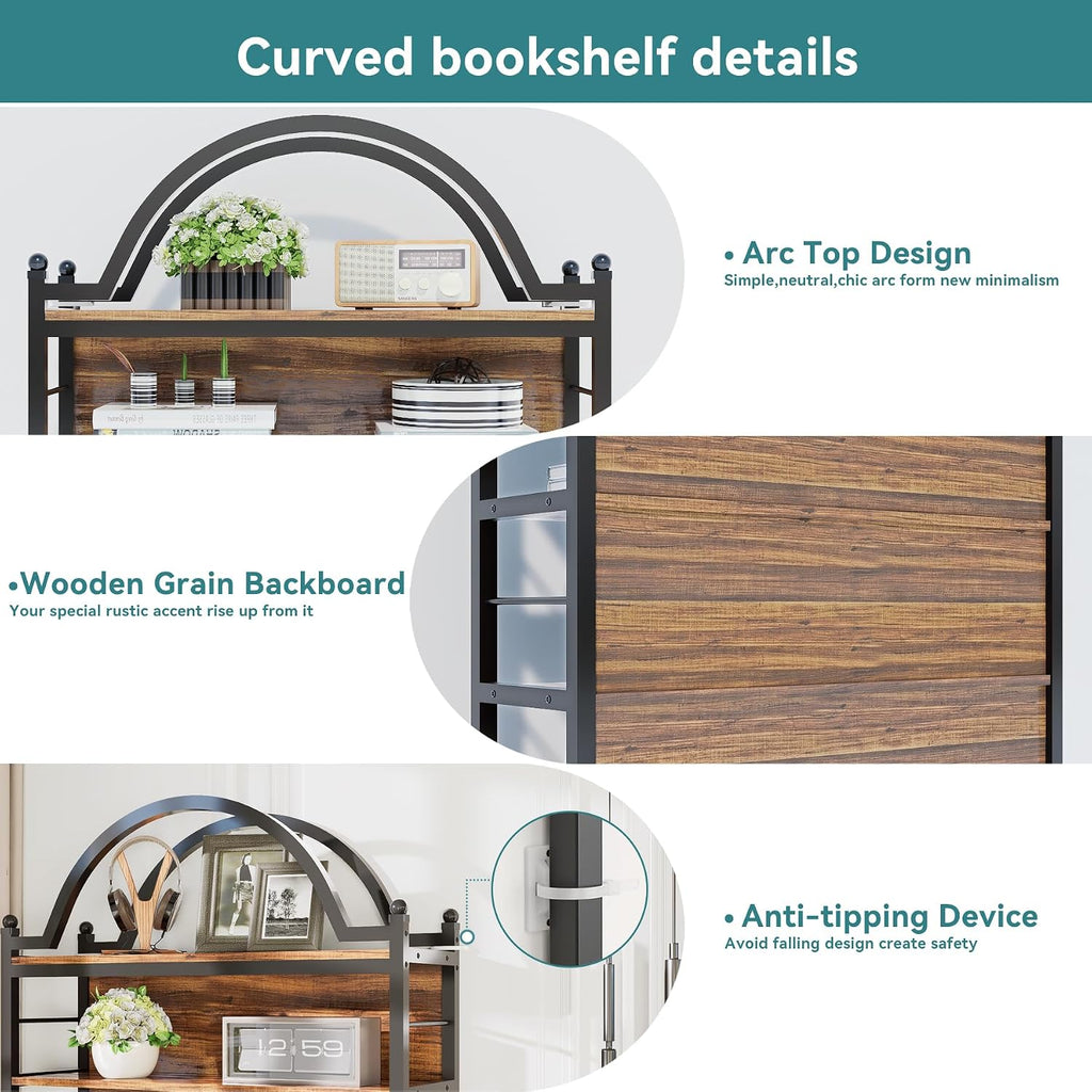 8-Tier CD Storage Racks,CDs DVDs Game Video Media Organizer Cabinet with 7 Shelves,78.7' Arched-Top Industrial Tall Bookshelf Display Bookcase Brown Black