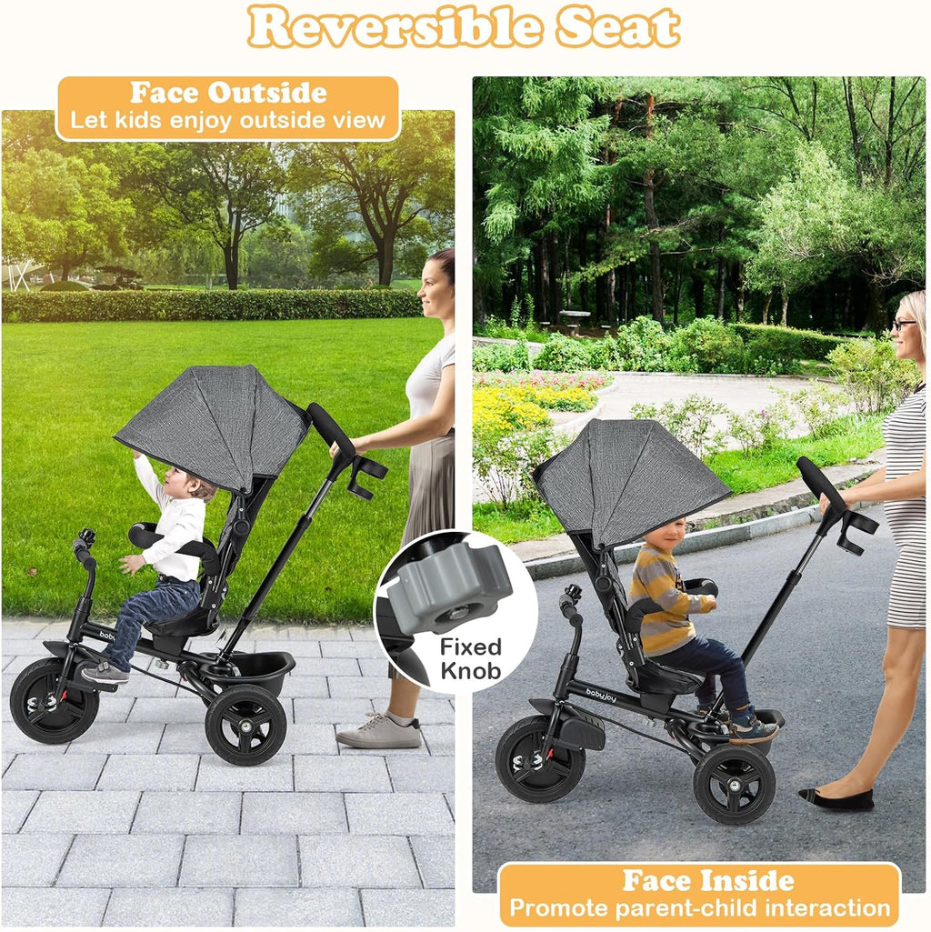 BABY JOY Tricycle, 6 in 1 Trike for Toddler w/Reversible Seat, Adjustable Canopy & Parent Handle, 5-Point Safety Belt, PU Wheels and Storage Basket, Push Tricycle for 9-60 Months (Gray)