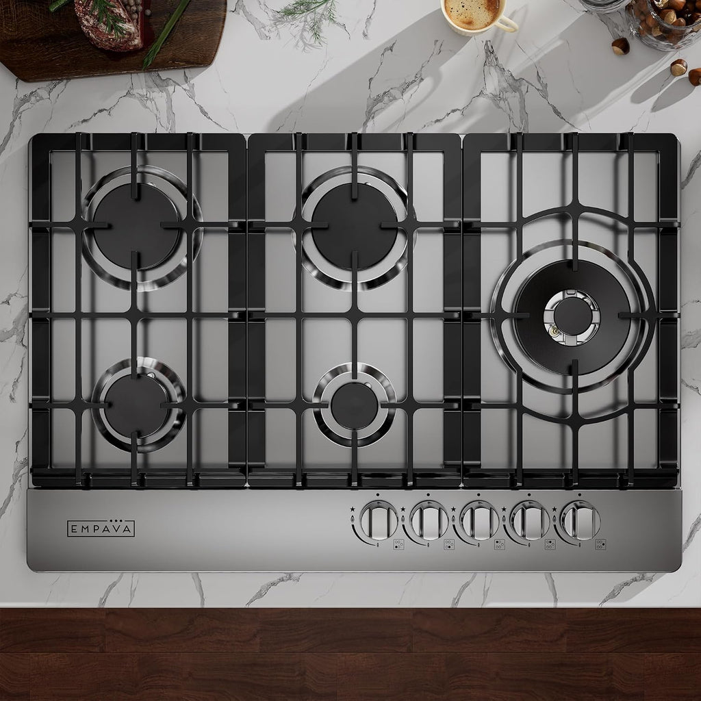 Empava 30 Inch Built-in Gas Cooktop with 5 Sealed SABAF Burners, Stainless Steel Surface, Ion Ignition, LPG/NG Convertible, Dishwasher Safe Grates