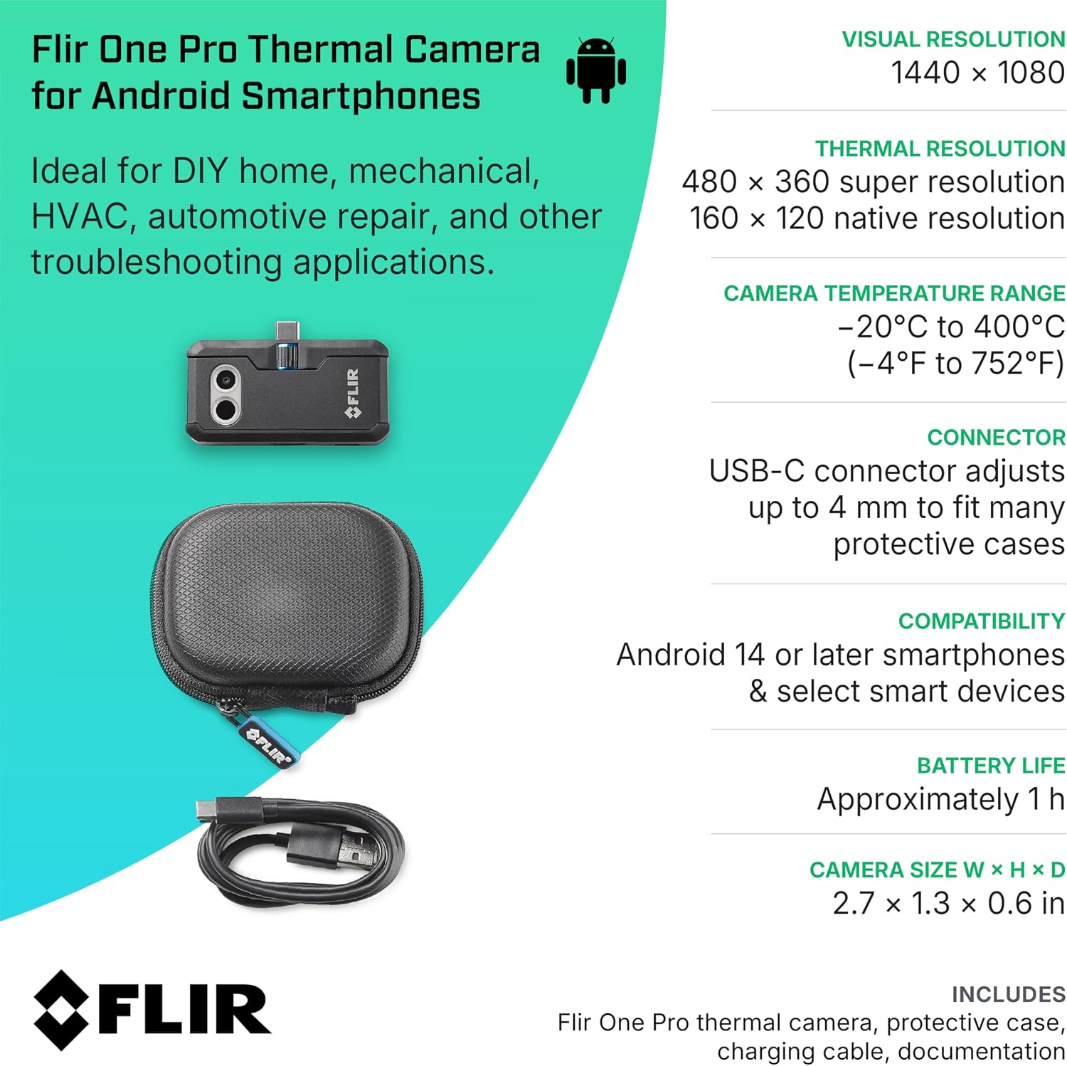 Flir One Pro - Thermal Imaging Camera for Android Smartphones (USB-C), 480x360 Super Resolution (160x120 Native IR)