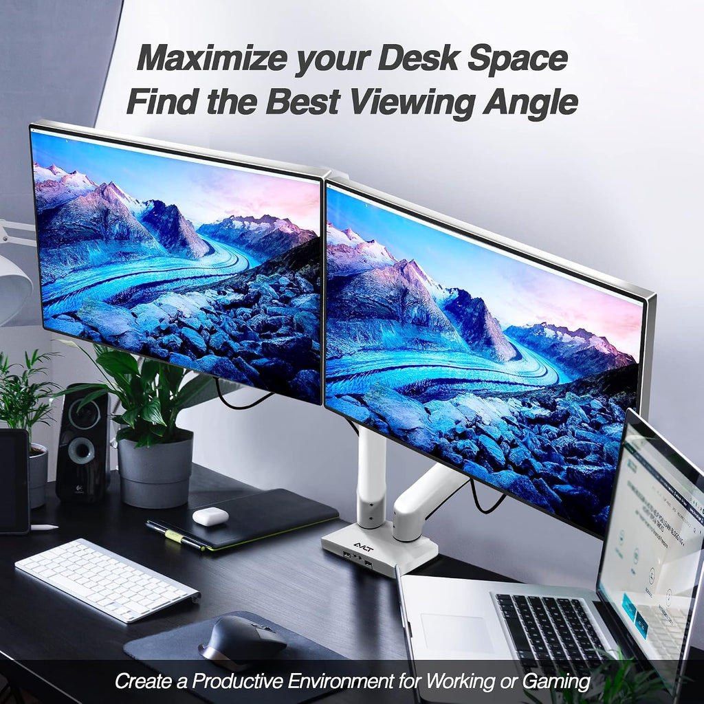 AVLT Dual Monitor Arm Desk Mount for 13'–43' Flat/Curved Screens with USB-A Pass-Through, Full Motion Height Adjustable Swivel Tilt Rotation VESA/C-Clamp/Grommet/Cable Management, White
