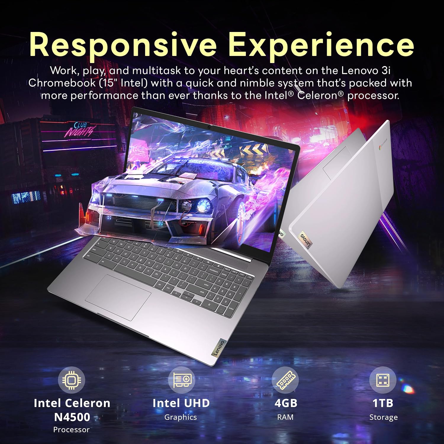 Lenovo 3i 15.6' FHD Chromebook, Intel Celeron N4500, 4GB LPDDR4X, 1TB Storage (64GB eMMC + 1TB Docking Station Set), Intel UHD Graphics, Number Pad, HD Webcam, Wi-Fi 6, Chrome OS, Gray