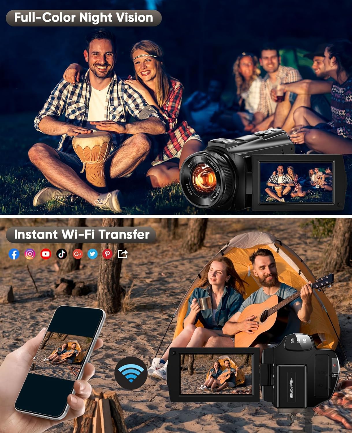 5K Video Camera Camcorder 8X Opitical Zoom Live Streaming Cameras 64MP WiFi Autofocus Vlogging Camera for Youtube with Full-color Night Vision, 3.6'' 270° IPS Touchscreen 32GB Card Video Recorder