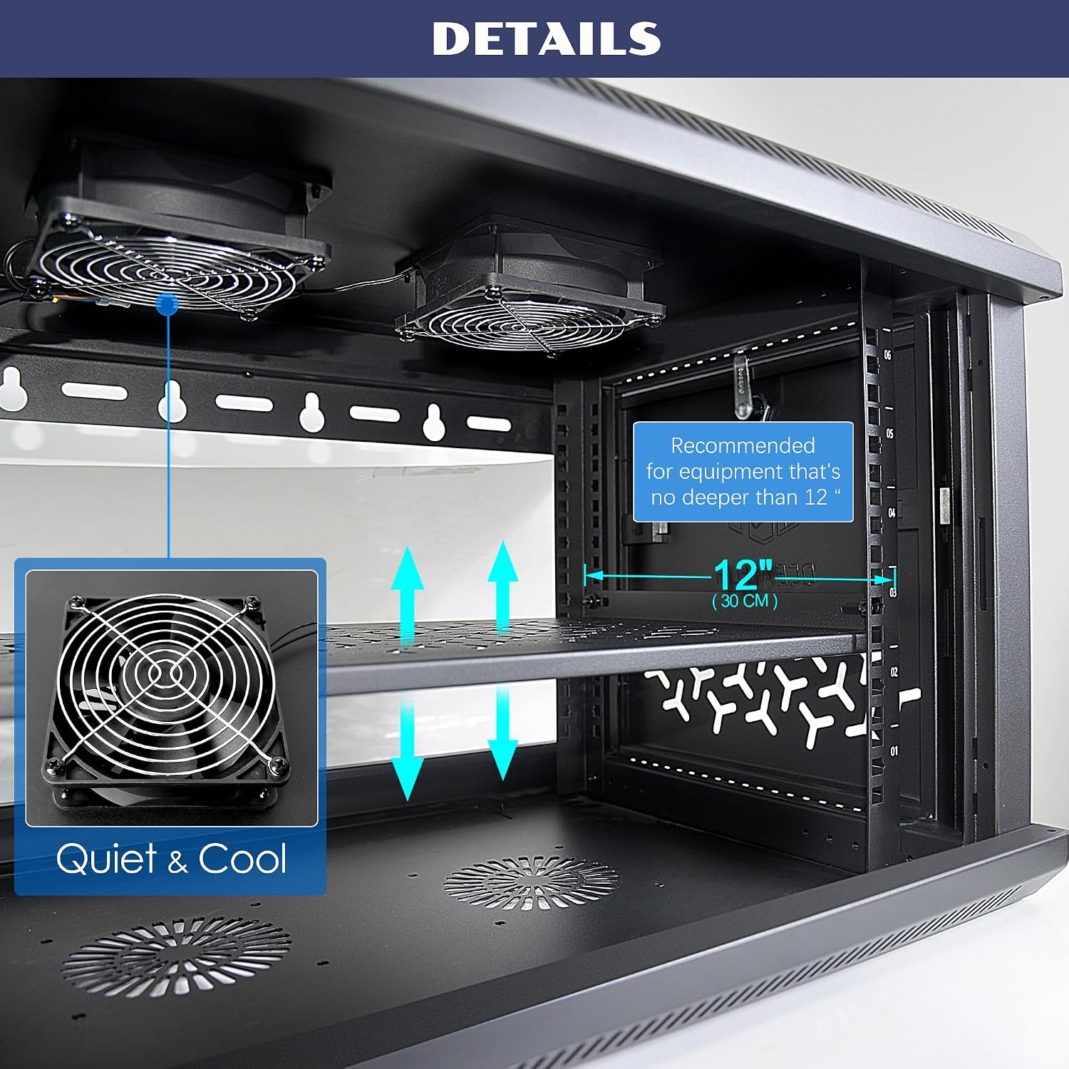6U Wall Mount Server Cabinet with A Lockable Front Vented Door, Cooling Fans, Removable Side Panels - 45cm Depth, 19' Network Rack Including Full-Size Rack Shelf for IT Equipment