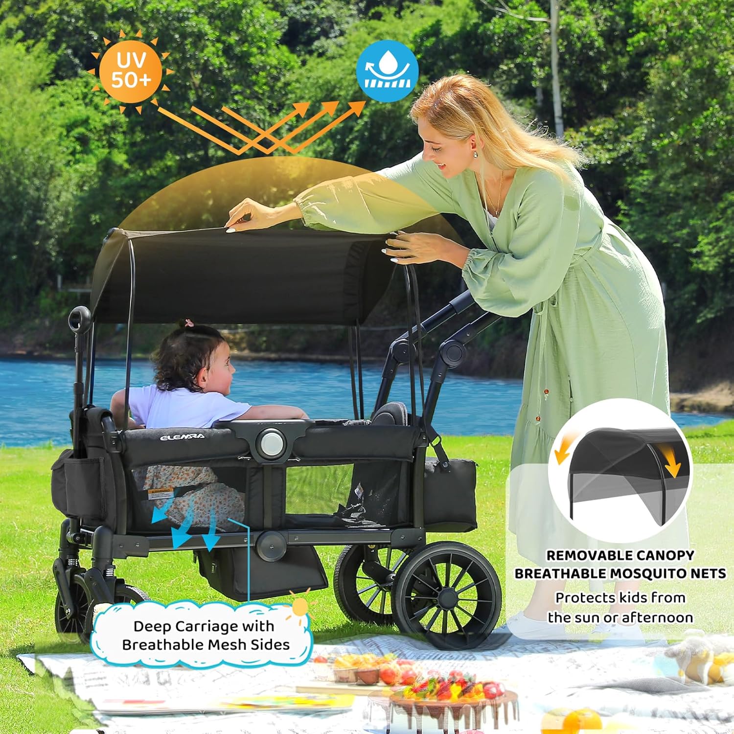 ELEMARA Stroller Wagon, 2 Seat Stroller for 2 Kids, Premium All Terrain Stroller for Kids w/Removable Canopy, Adjustable Push/Pull Handle, Large Storage Bag, Black