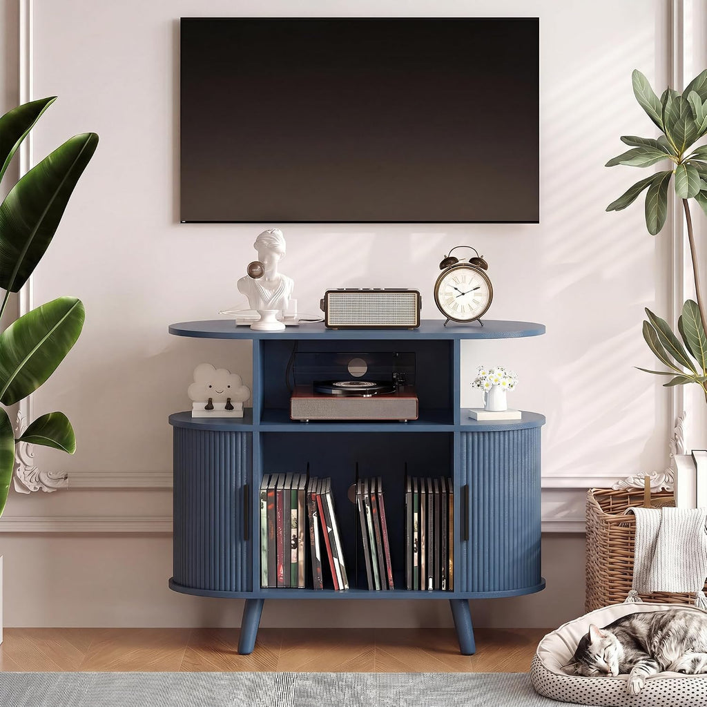 Garvee 35'' Fluted Mid Century Modern Turntable Cabinet, Large Round Record Player Stand with Charging Station and Display Shelf, Arched Wood Record Player Table for Living Room