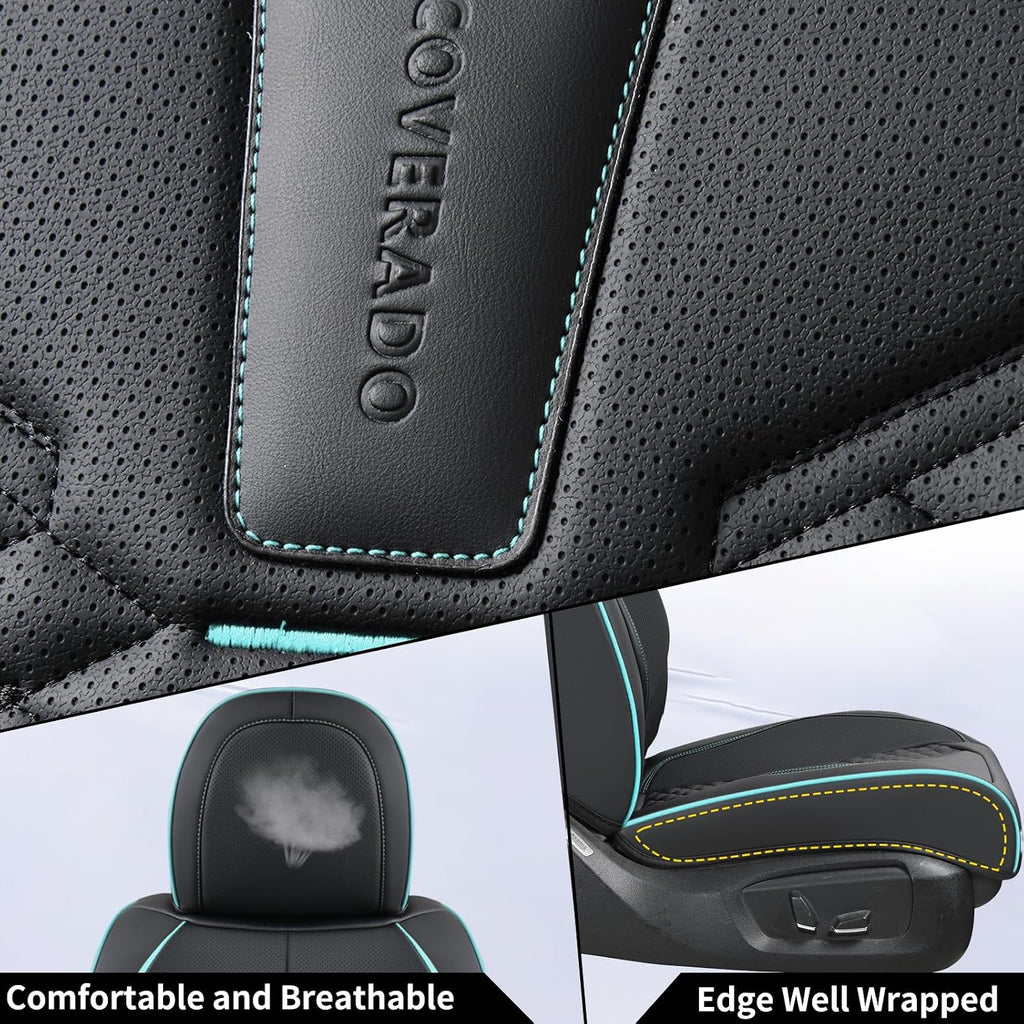 Coverado Leather Seat Covers, Car Seat Covers Full Set, Nappa Leather Seat Covers for Cars, Car Seat Protector Waterproof, Black Car Seat Cover, Universal Seat Cover Fit for Most Cars(Black&Blue)