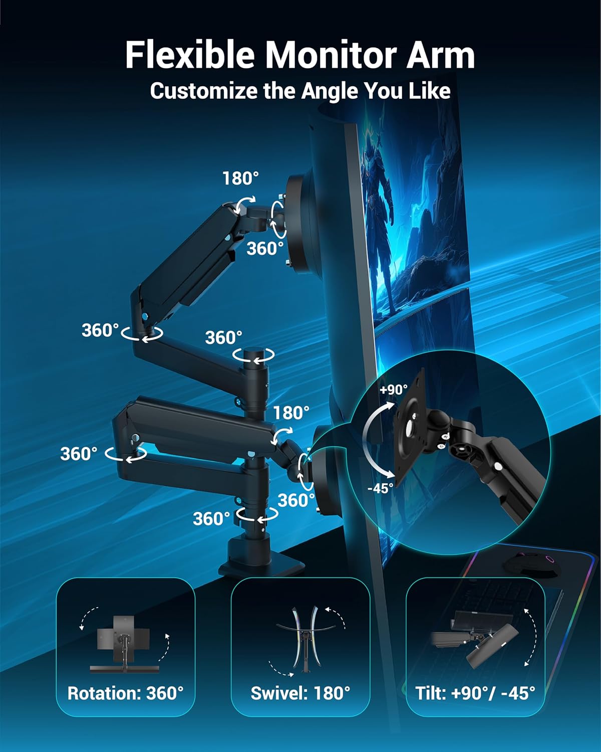 Ergounion Dual Monitor Arm for 13-49 Inch Ultrawide Screens, Heavy Duty Monitor Mount for 2 Monitors up to 44lbs, Full Motion Vertical Stacked Dual Monitor Arm Desk Mount, 75/100mm VESA Mount, Black