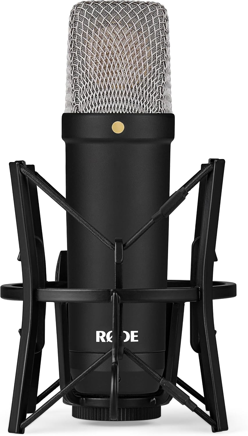 Rode NT1 Signature Black Large-Diaphragm Condenser Microphone Bundle with MS7701B Euro Boom Tripod Stand — 4 dBA Self-Noise XLR Studio Mic for Singing, Vocal Recording, Voice Over, Podcasting
