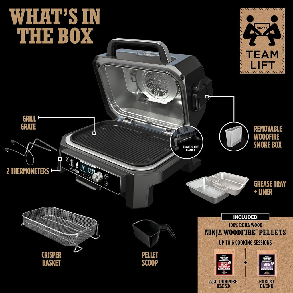 Ninja OG951 Woodfire Pro Connect Premium XL Outdoor Grill & Smoker, Bluetooth, App Enabled, 7-in-1 Master Grill, BBQ Smoker, Outdoor Air Fryer, Woodfire Technology, 2 Built-In Thermometers, Black/Blue