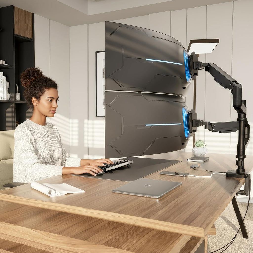 Mount-It! Proflex Series Stacking Dual Ultrawide Monitor Arm for 17–49' Screens, Height-Adjustable Pole, Heavy Duty Gas Spring, USB-C & USB 3.0, Full Motion, VESA 75/100, Clamp or Grommet