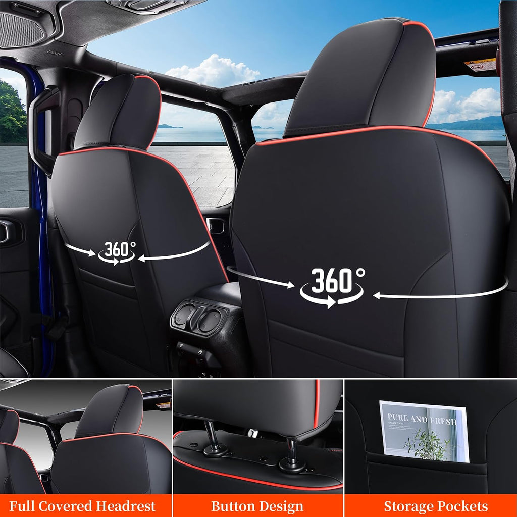 Coverado Wrangler JK Seat Covers, Custom Fit for Pickup Truck Jeep Wrangler Seat Covers 2/4 Door, Waterproof Leather Car Seat Covers Cushions for Jeep Wrangler Accessories 2008-2012(Red Line)