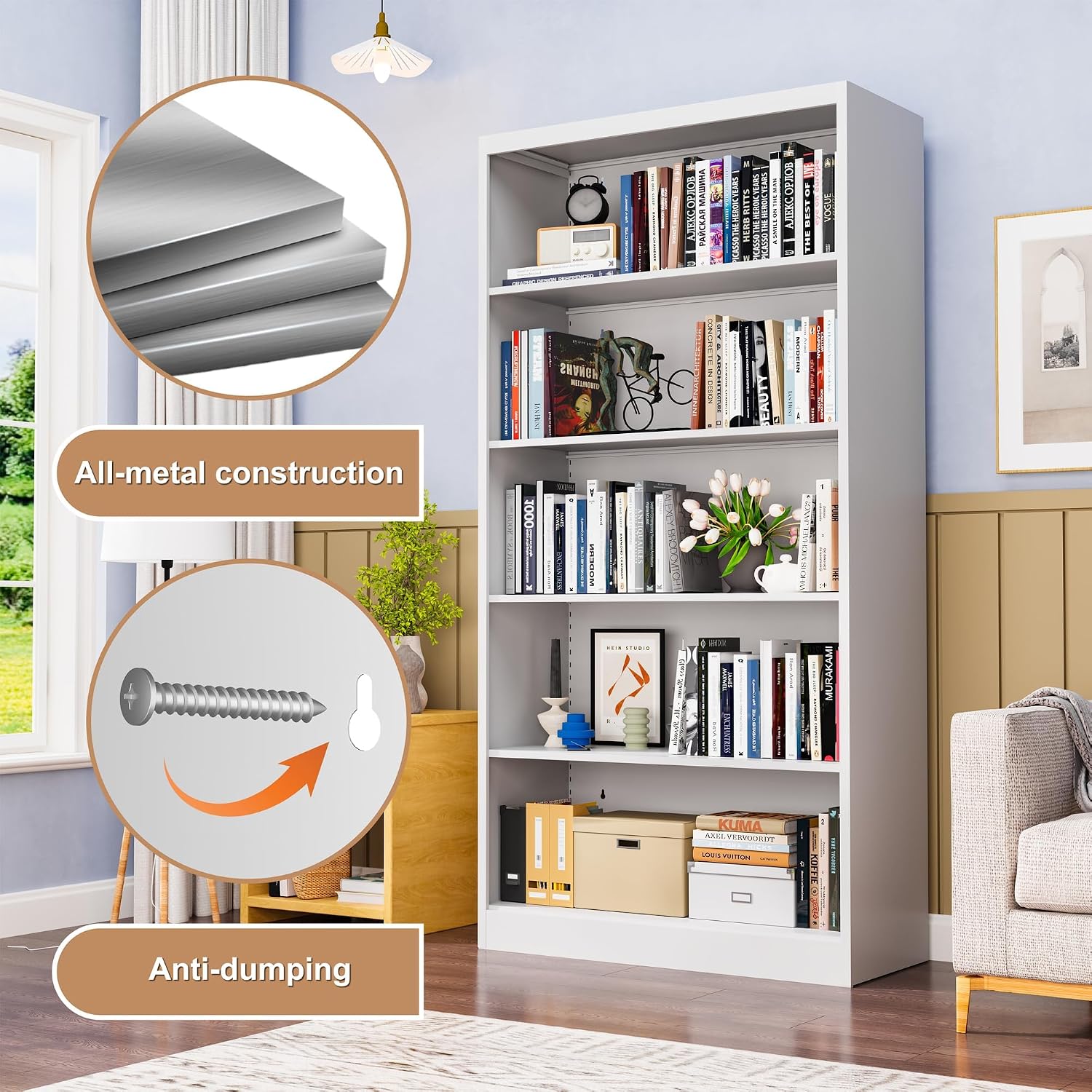Large Vinyl Record Storage Cabinet, Heavy-Duty Metal Record Player Stand with Adjustable Shelves, 66' H Media Shelf Organizer for LP Albums, Turntable & Audio Equipment, White