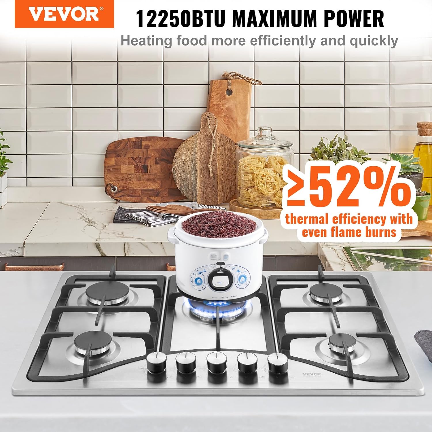 VEVOR 30-inch Gas Cooktop, 5 Burners Built-in Gas Stove Top, Max 12250BTU NG/LPG Convertible Stainless Steel Cooktops, with Thermocouple Protection for Camping, RV, Apartment