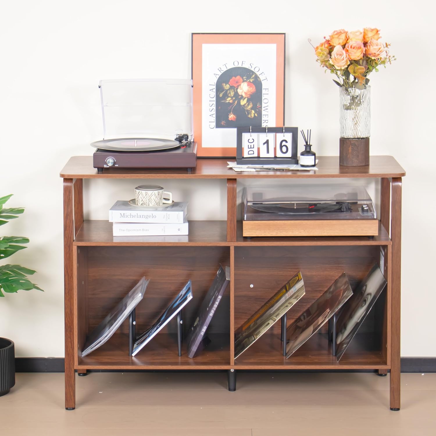 Mxtxmy Large Record Player Stand,Mid Century Turntable Stand Table with Open Storage Holds up to 300 Albums,Vinyl Record Storage Display Shelf for Living Room Bedroom (Walnut)